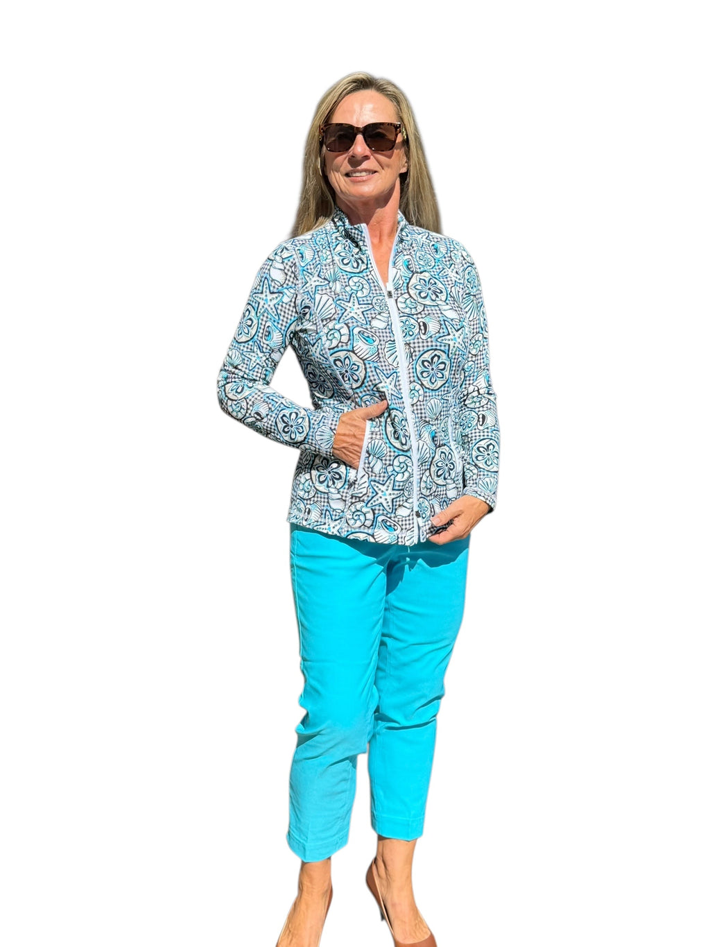 Zip - Up Long Sleeve Jacket with UPF50+ Ocean Shells Black - Back of the Bay Boutique