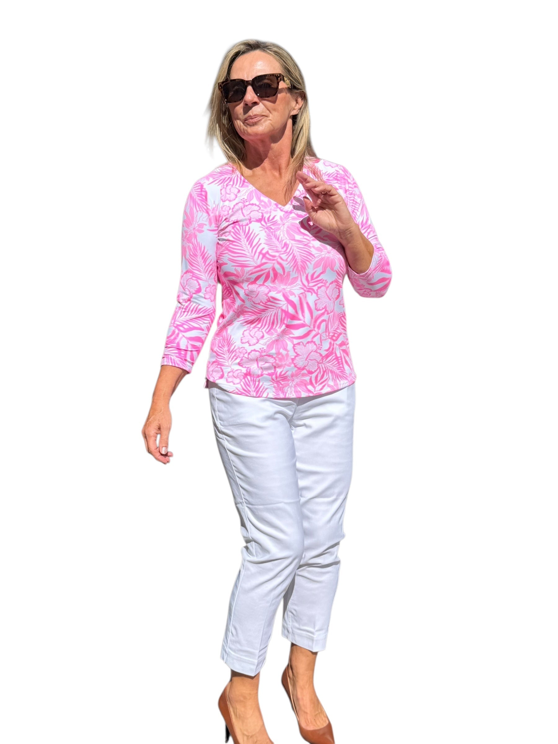 V - Neck Top with UPF50+ Summer Breeze Pink - Back of the Bay Boutique