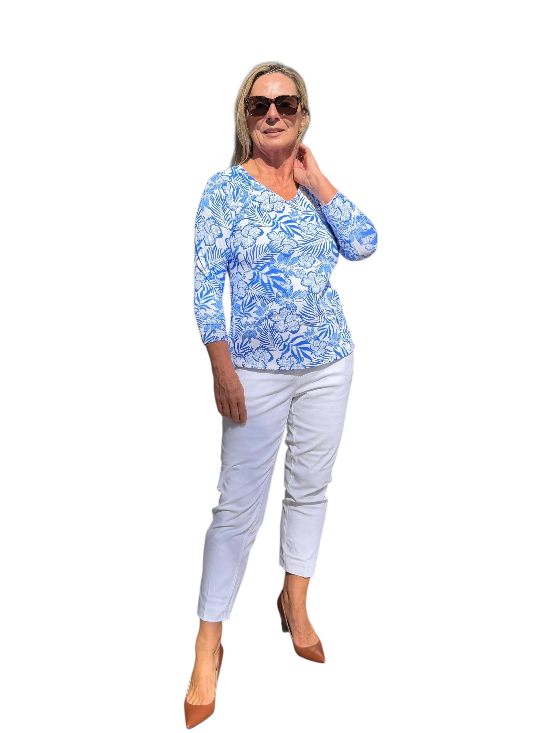 V - Neck Top with UPF50+ Summer Breeze Blue - Back of the Bay Boutique