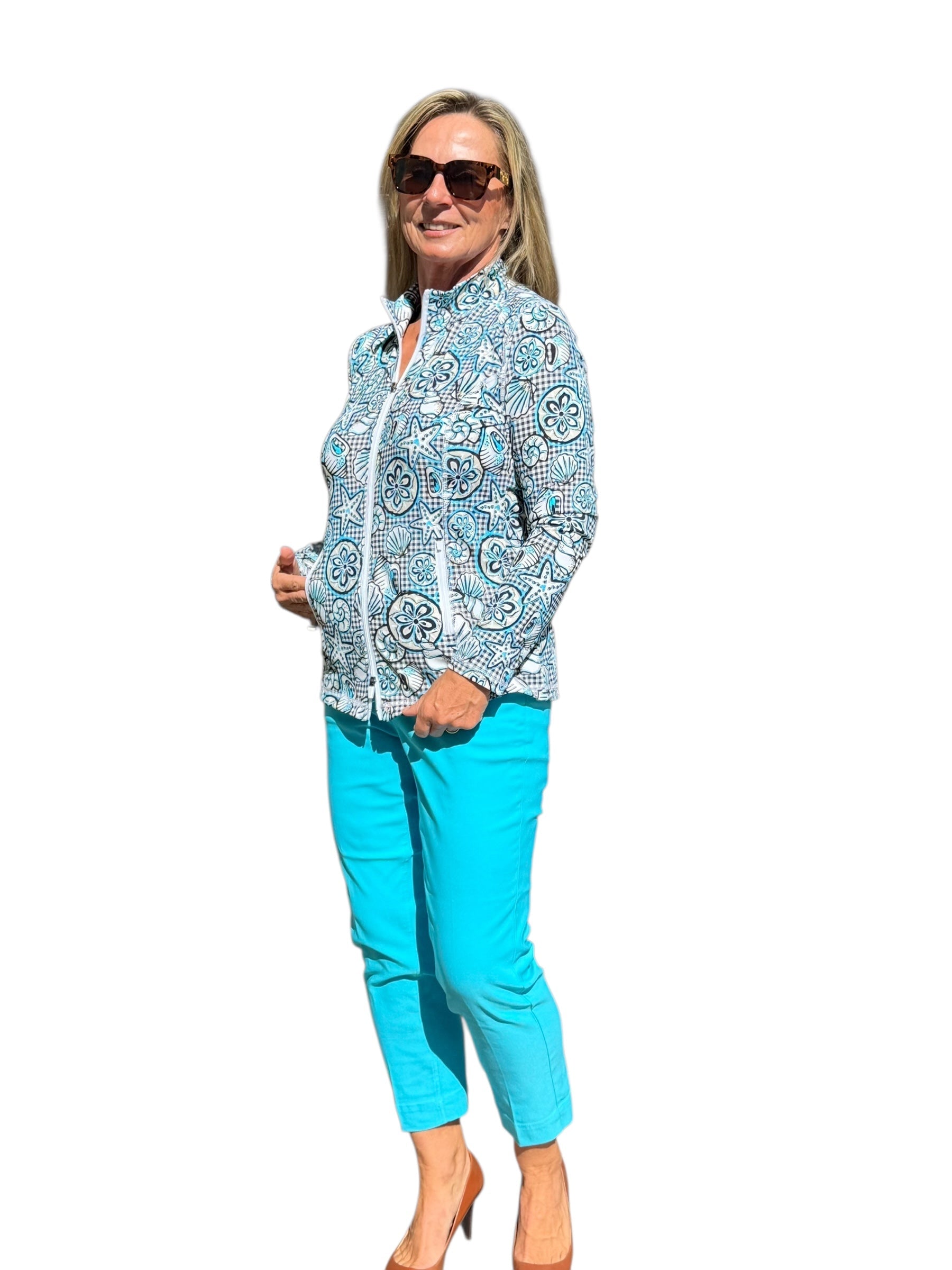 Zip - Up Long Sleeve Jacket with UPF50+ Ocean Shells Black - Back of the Bay Boutique