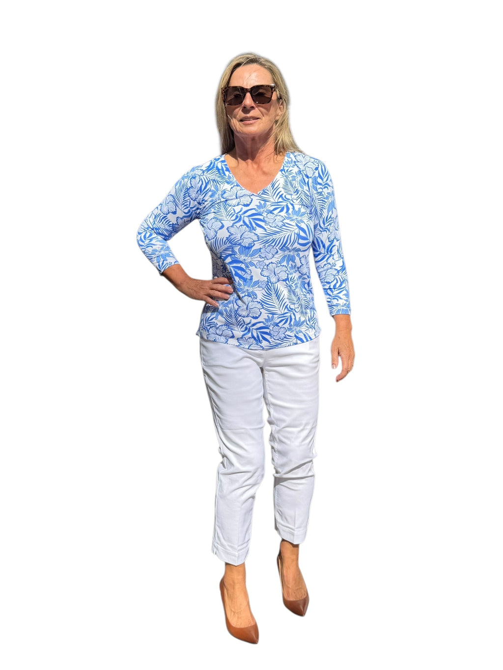 V - Neck Top with UPF50+ Summer Breeze Blue - Back of the Bay Boutique