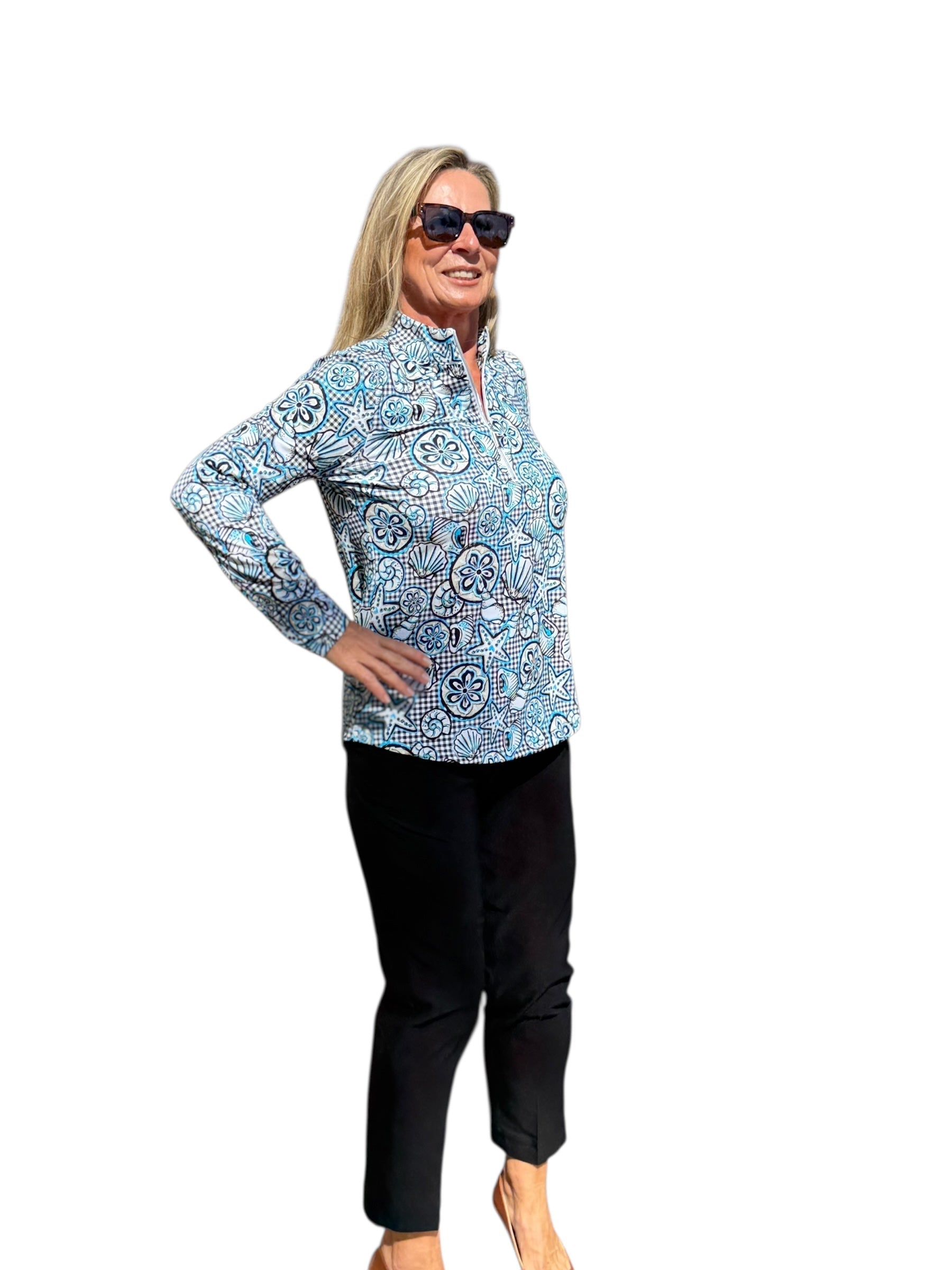 High Zip - Neck Long Sleeve Top with UPF50+ Ocean Shells Black - Back of the Bay Boutique