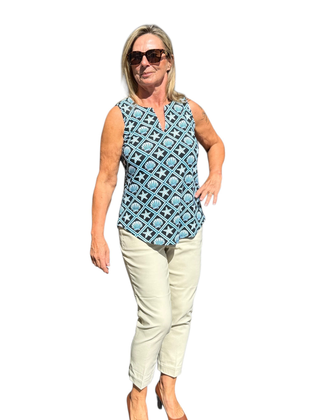 Keyhole Sleeveless Top with UPF50+ Black Seashells - Back of the Bay Boutique