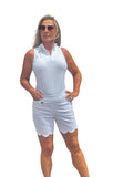 5" Inseam Pull-on Stretch Shorts with Scalloped Hemline White