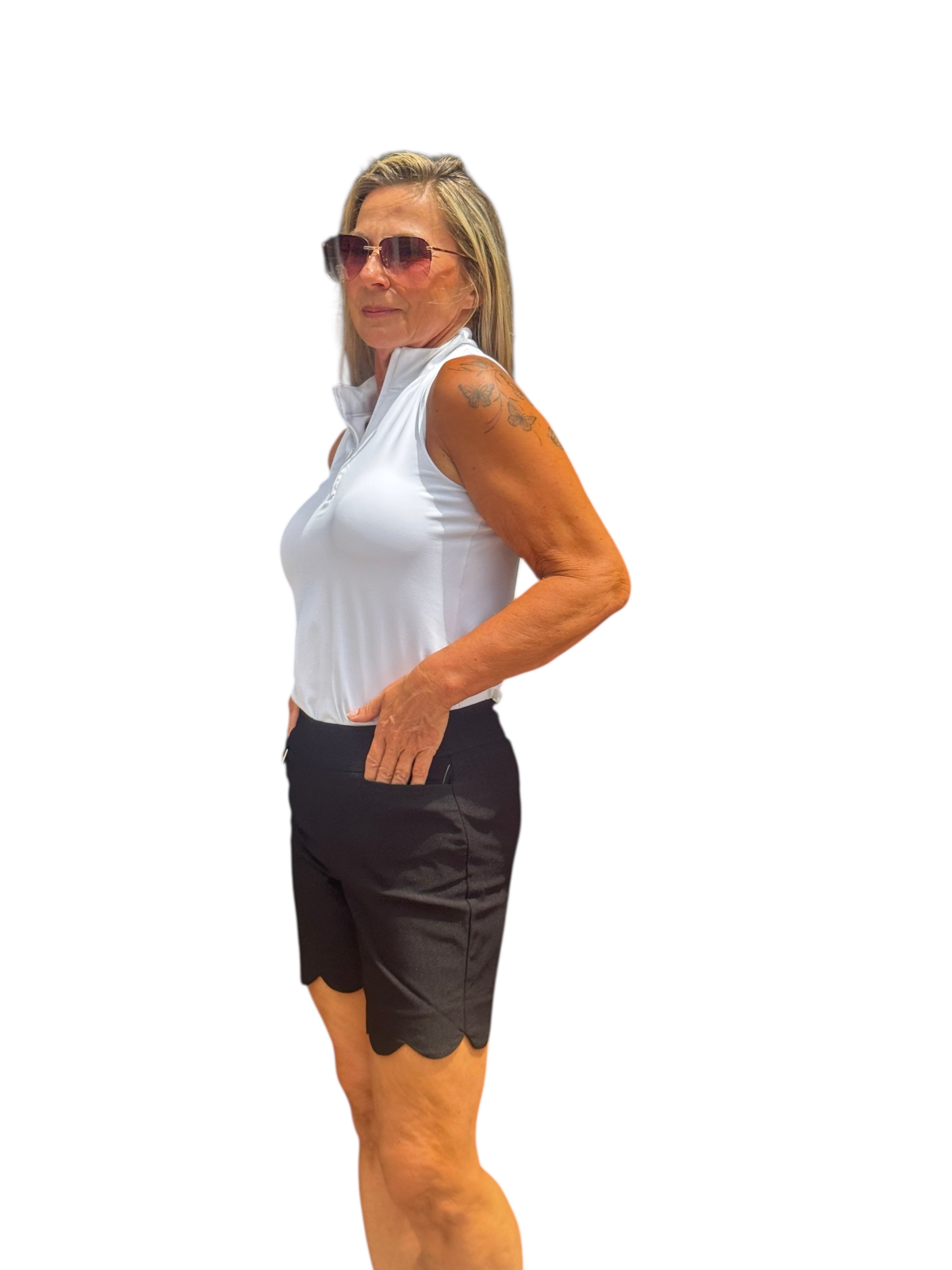 5" Inseam Pull-on Stretch Shorts with Scalloped Hemline Black