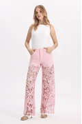 Embroidery Wide Leg Lace Jeans With Rhinestone Pink - Back of the Bay Boutique