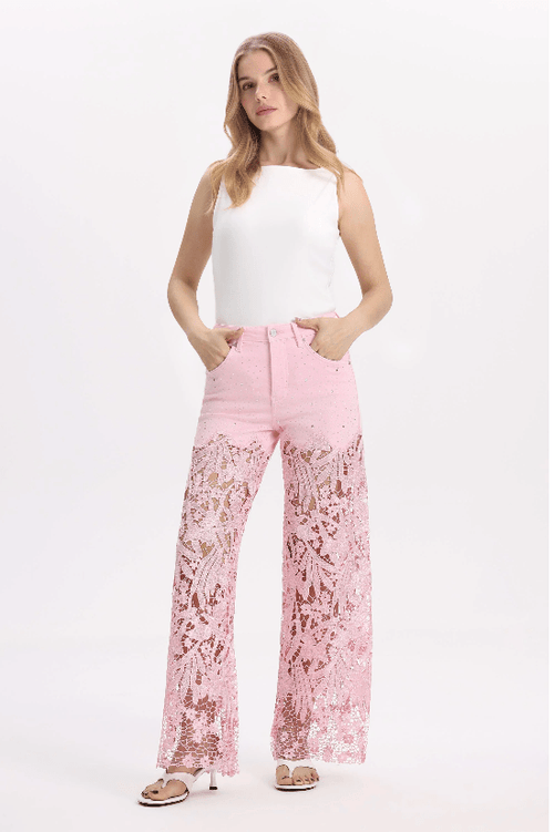 Embroidery Wide Leg Lace Jeans With Rhinestone Pink - Back of the Bay Boutique