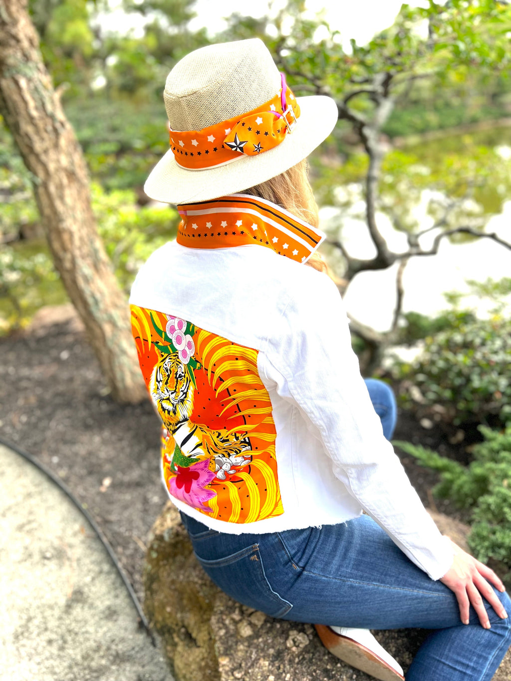 The White Denim Jacket / Orange Tiger - Back of the Bay Boutique