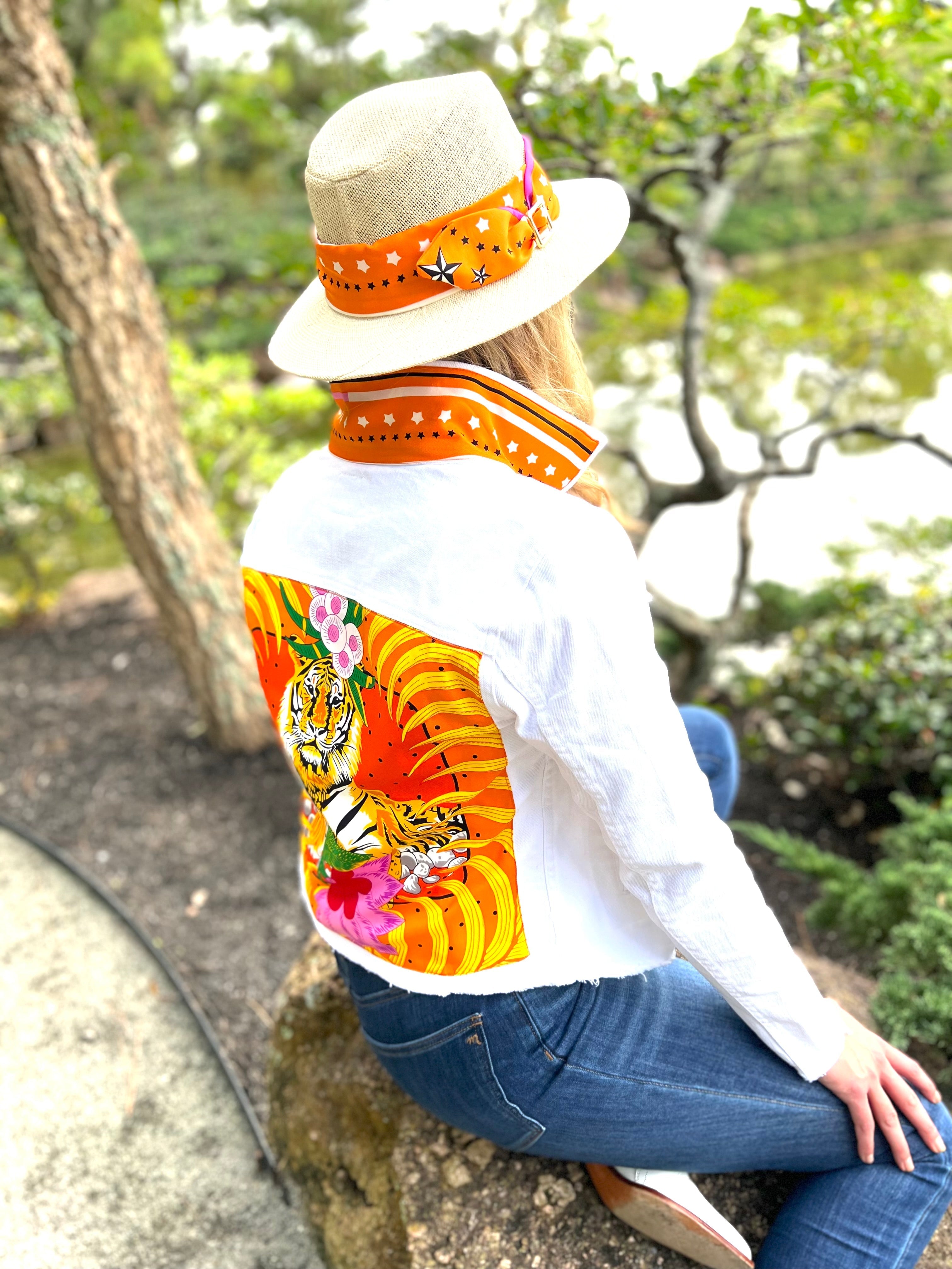 The White Denim Jacket / Orange Tiger - Back of the Bay Boutique