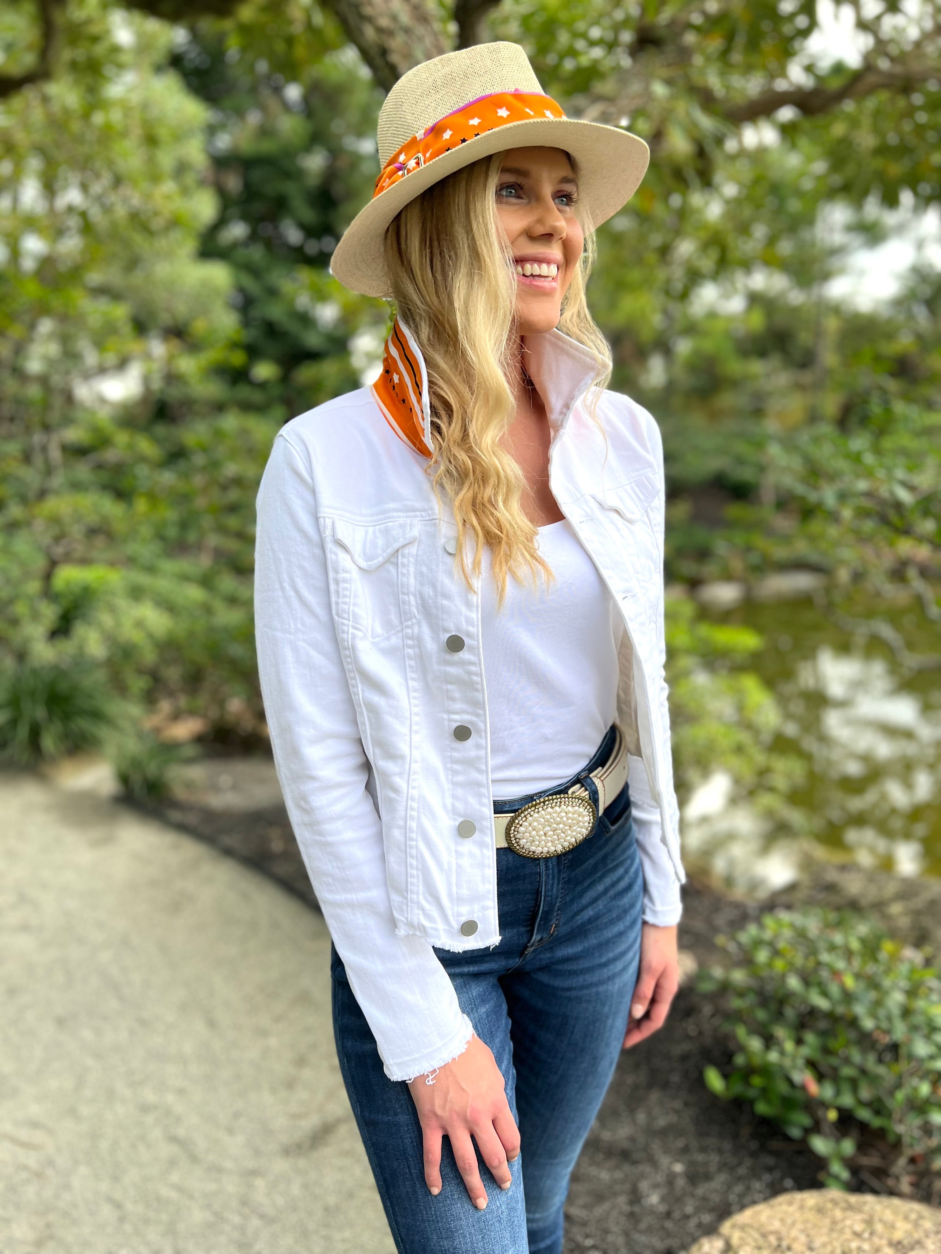The White Denim Jacket / Orange Tiger - Back of the Bay Boutique