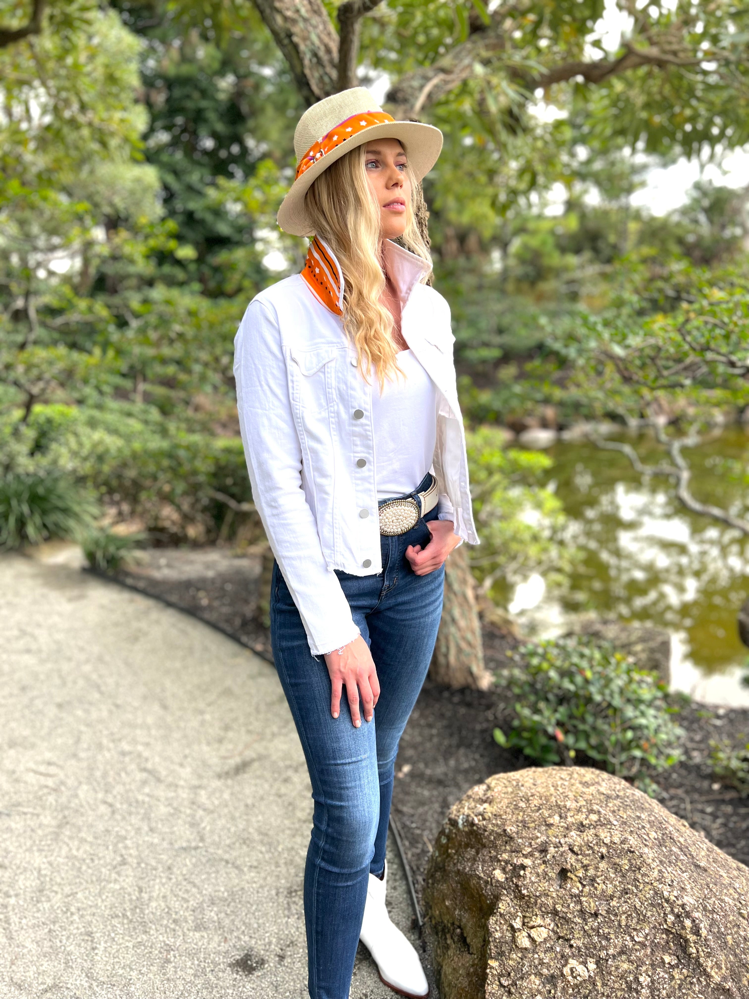 The White Denim Jacket / Orange Tiger - Back of the Bay Boutique