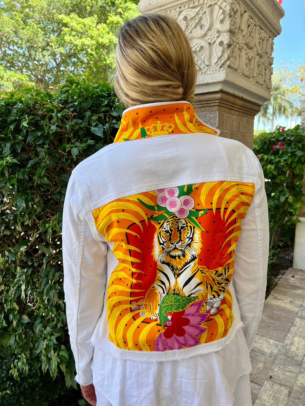 The White Denim Jacket / Orange Tiger - Back of the Bay Boutique
