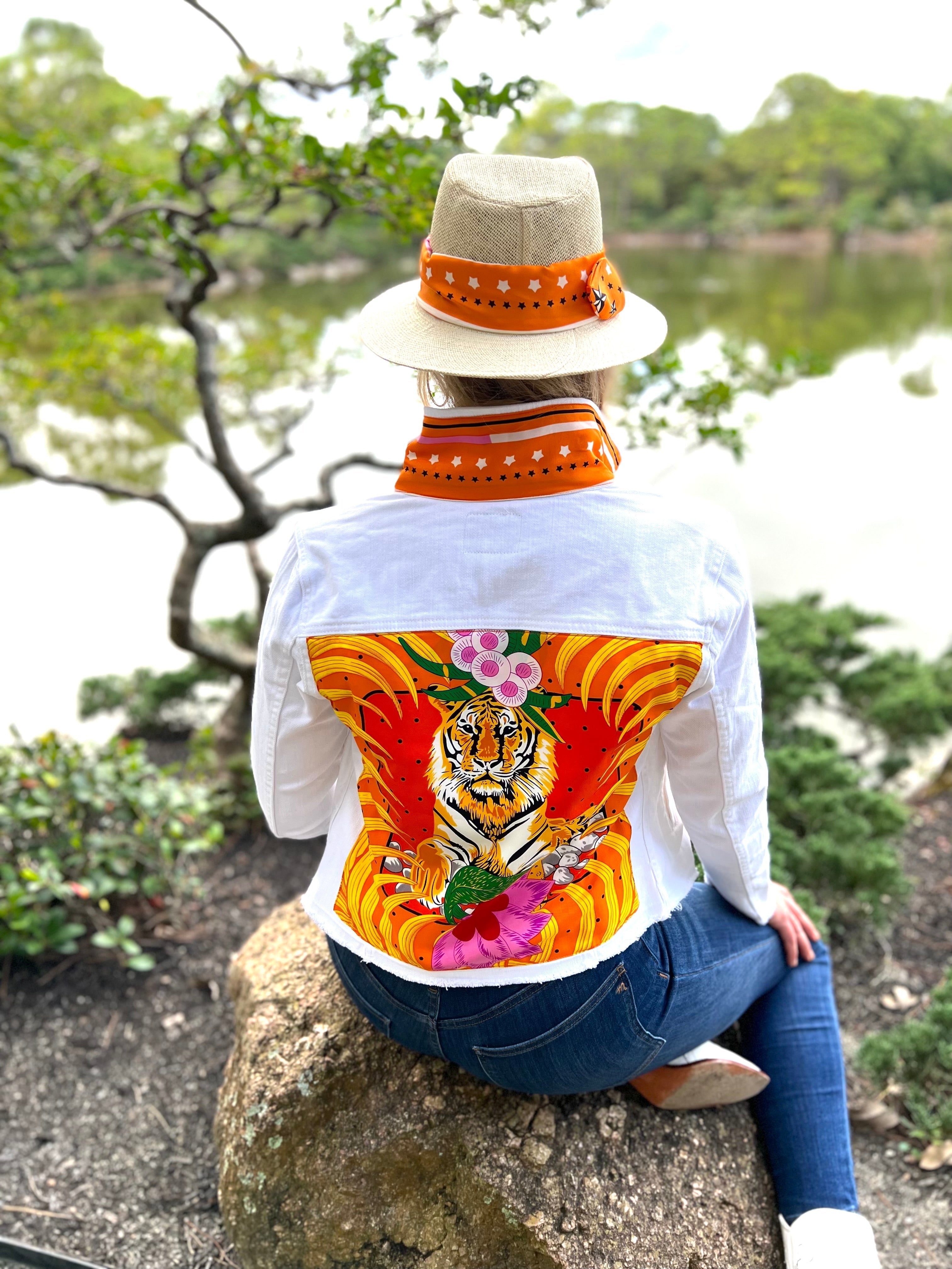 The White Denim Jacket / Orange Tiger - Back of the Bay Boutique