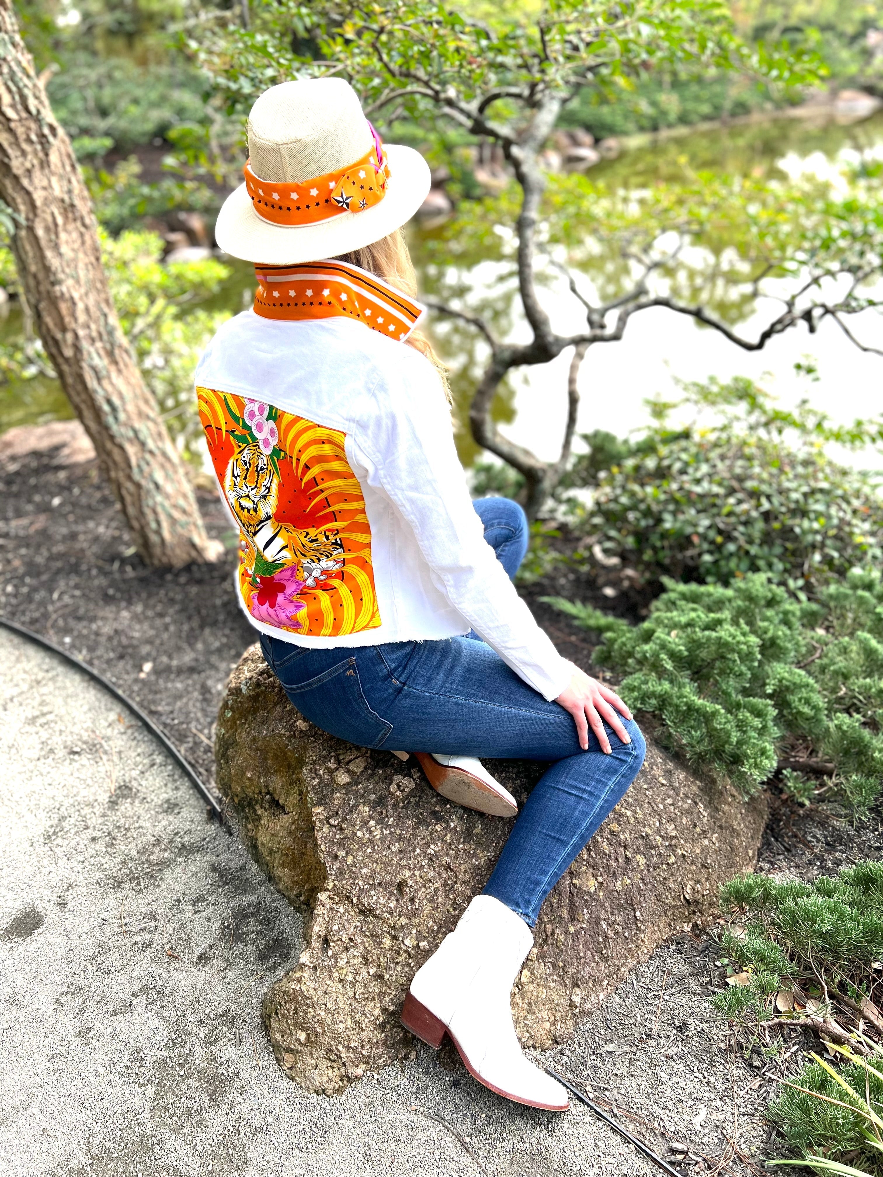 The White Denim Jacket / Orange Tiger - Back of the Bay Boutique